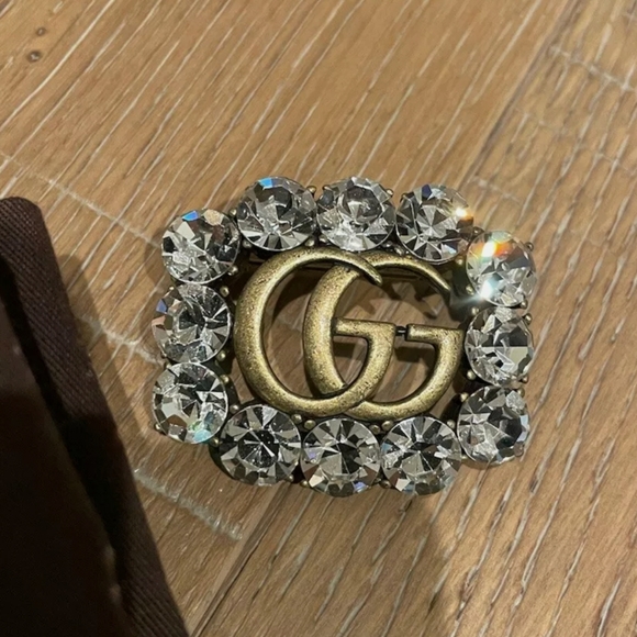 Gucci Double G Marmont Crystal Authentic Bronze RARE Vintage Brooch - Picture 5 of 9
